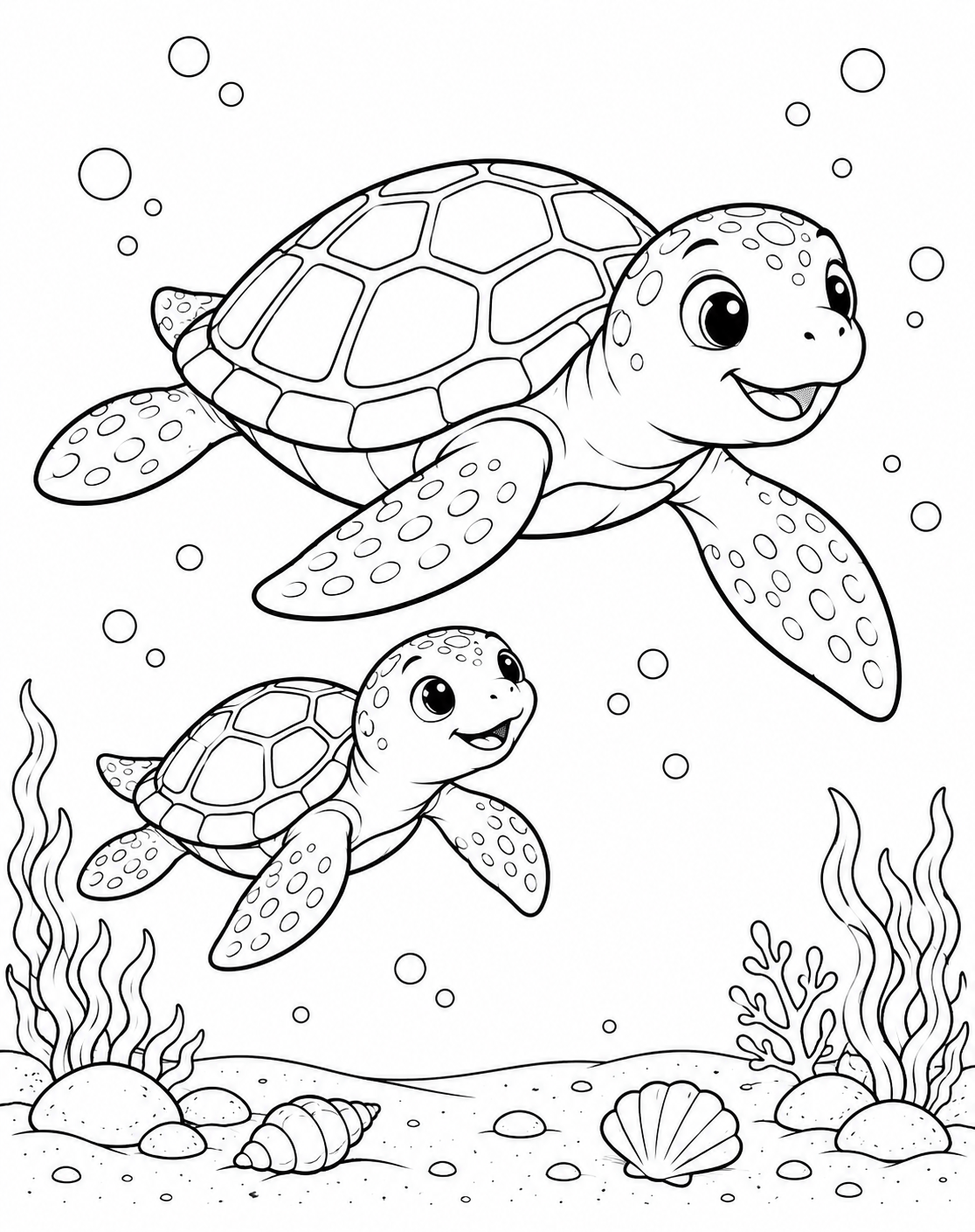 A sea turtle parent and baby swimming together coloring page