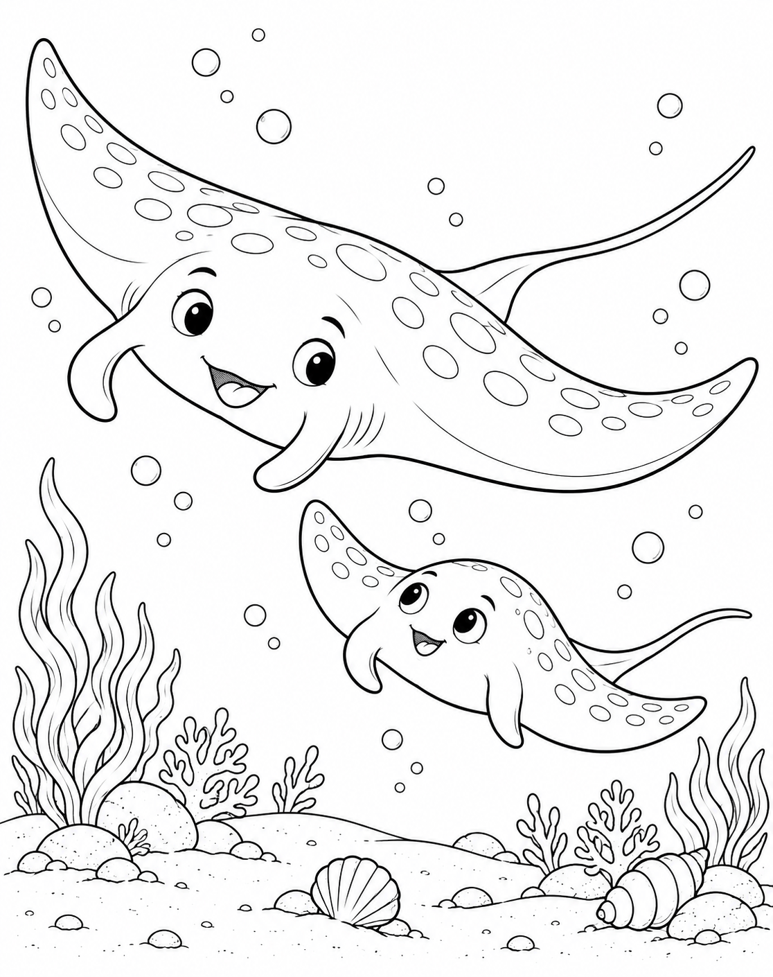 A manta ray parent and baby gliding together coloring page