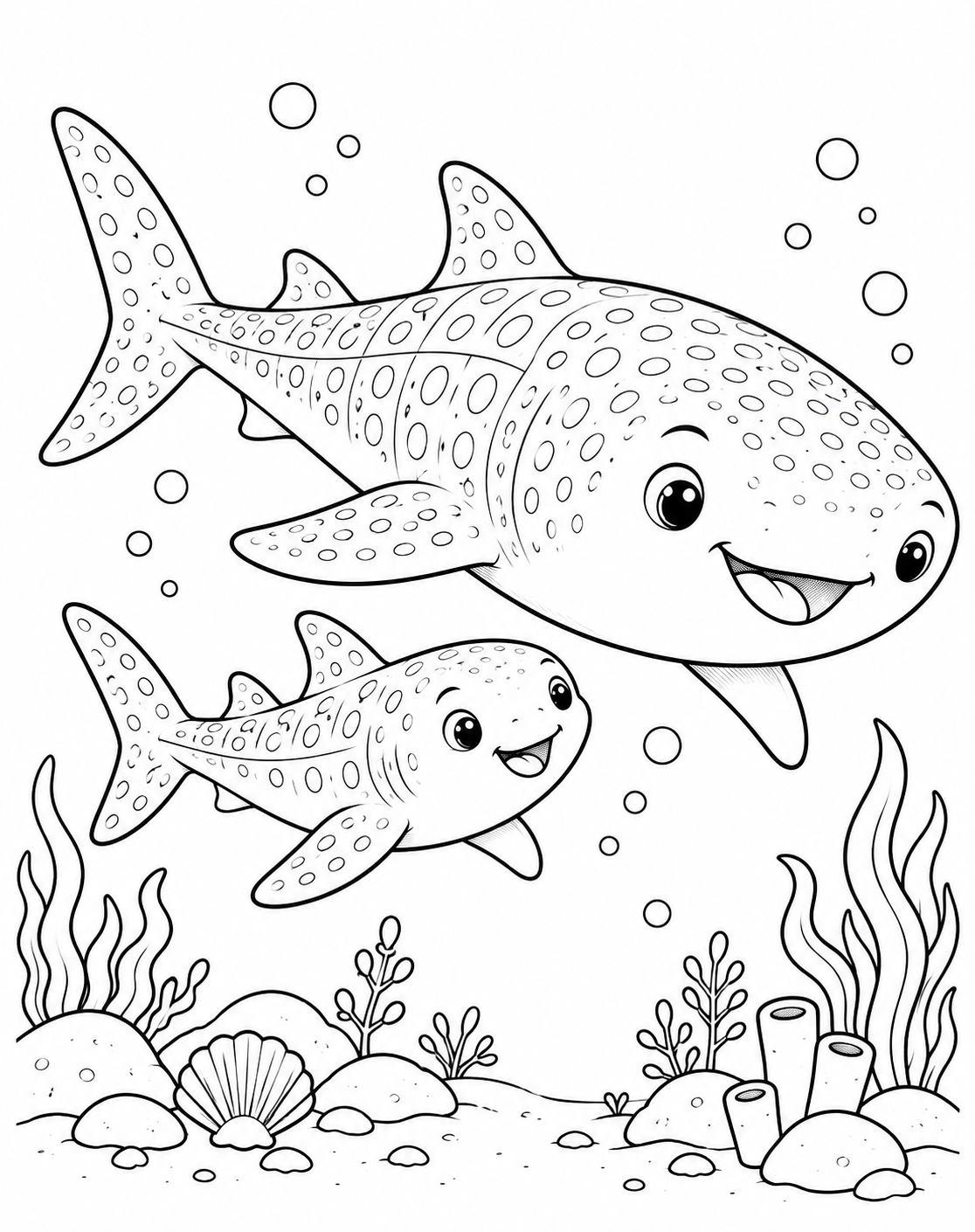 A smiling whale shark parent and baby swimming together coloring page