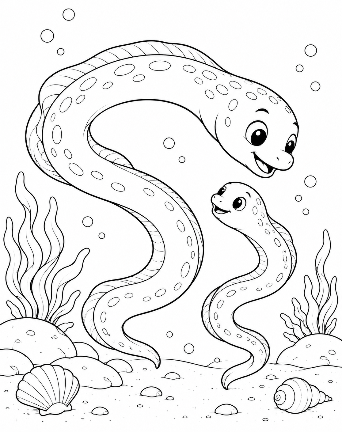 An eel parent and baby swimming together coloring page