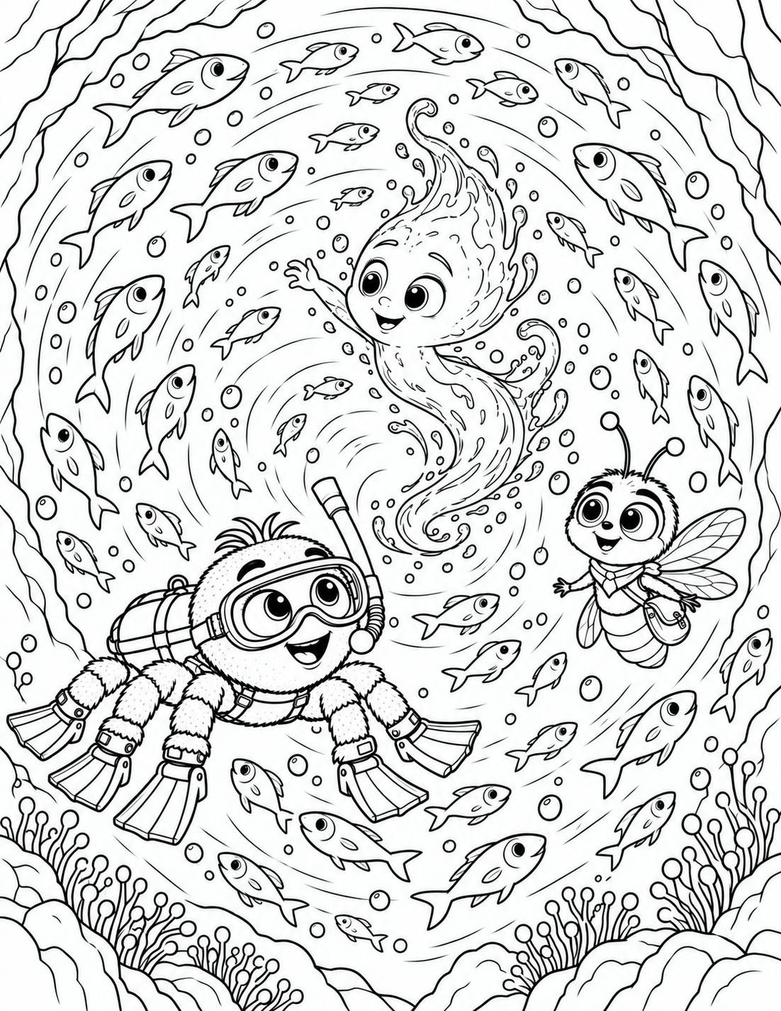 Scubaspider, Drip and Glim surrounded by swimming fish coloring page