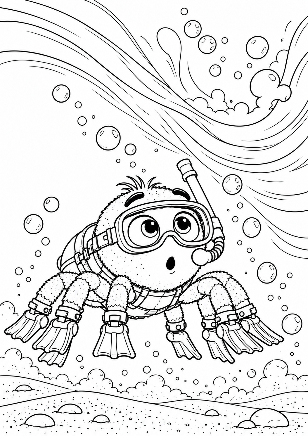 Surprised Scubaspider beneath a swirling underwater current coloring page