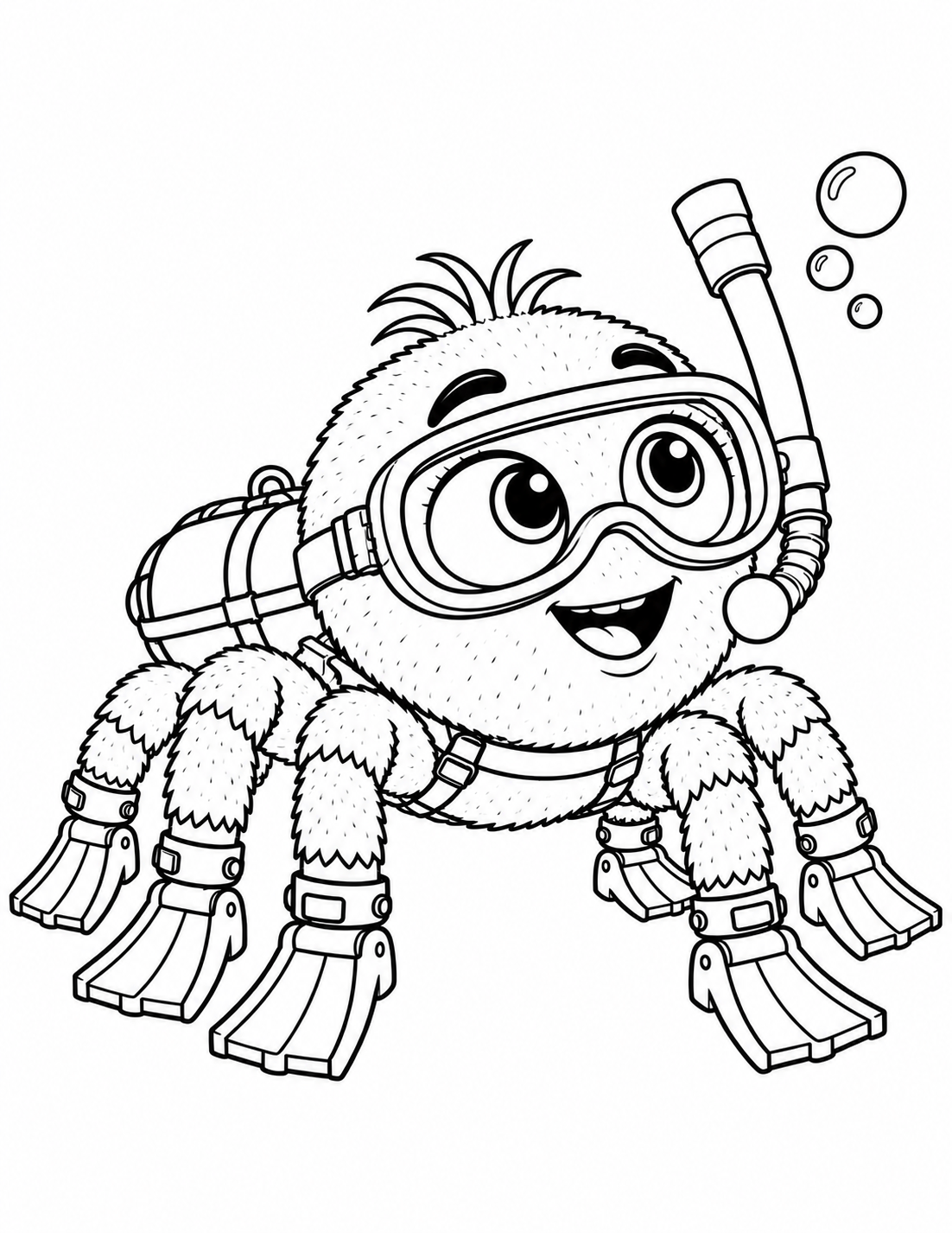 Smiling Scubaspider wearing his diving mask and flippers coloring page