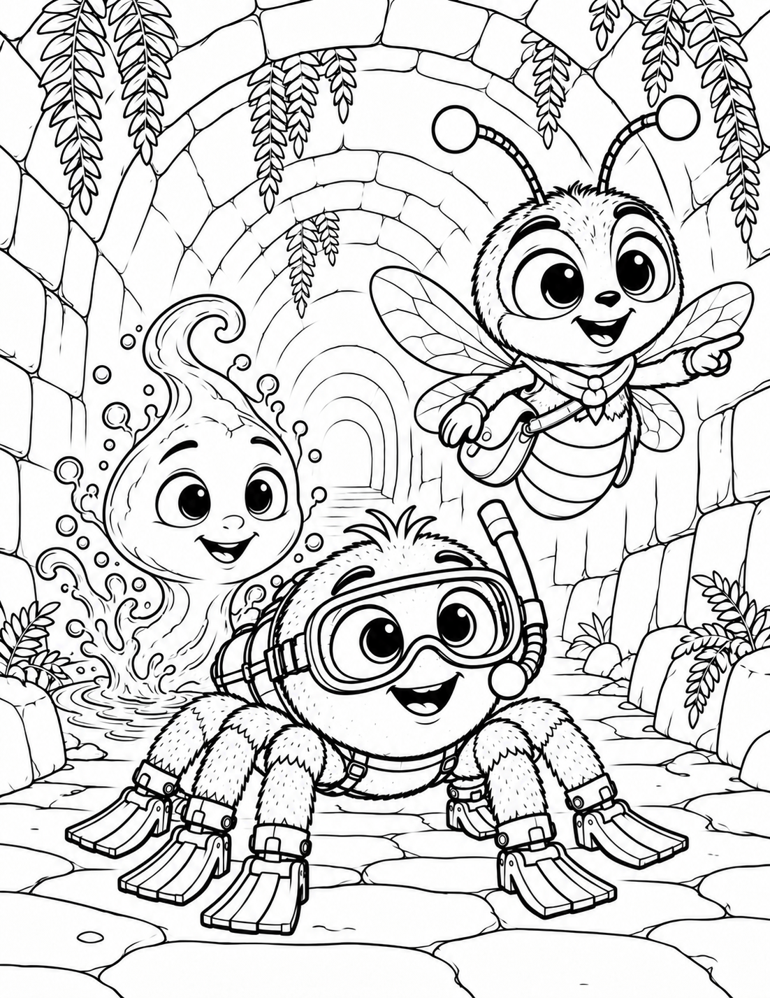 Scubaspider, Drip and Glim exploring a stone tunnel coloring page