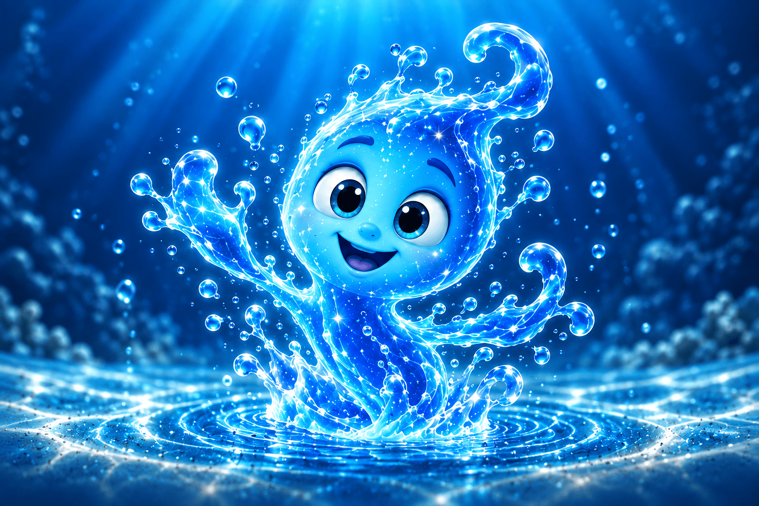 Drip smiles amid splashing blue water