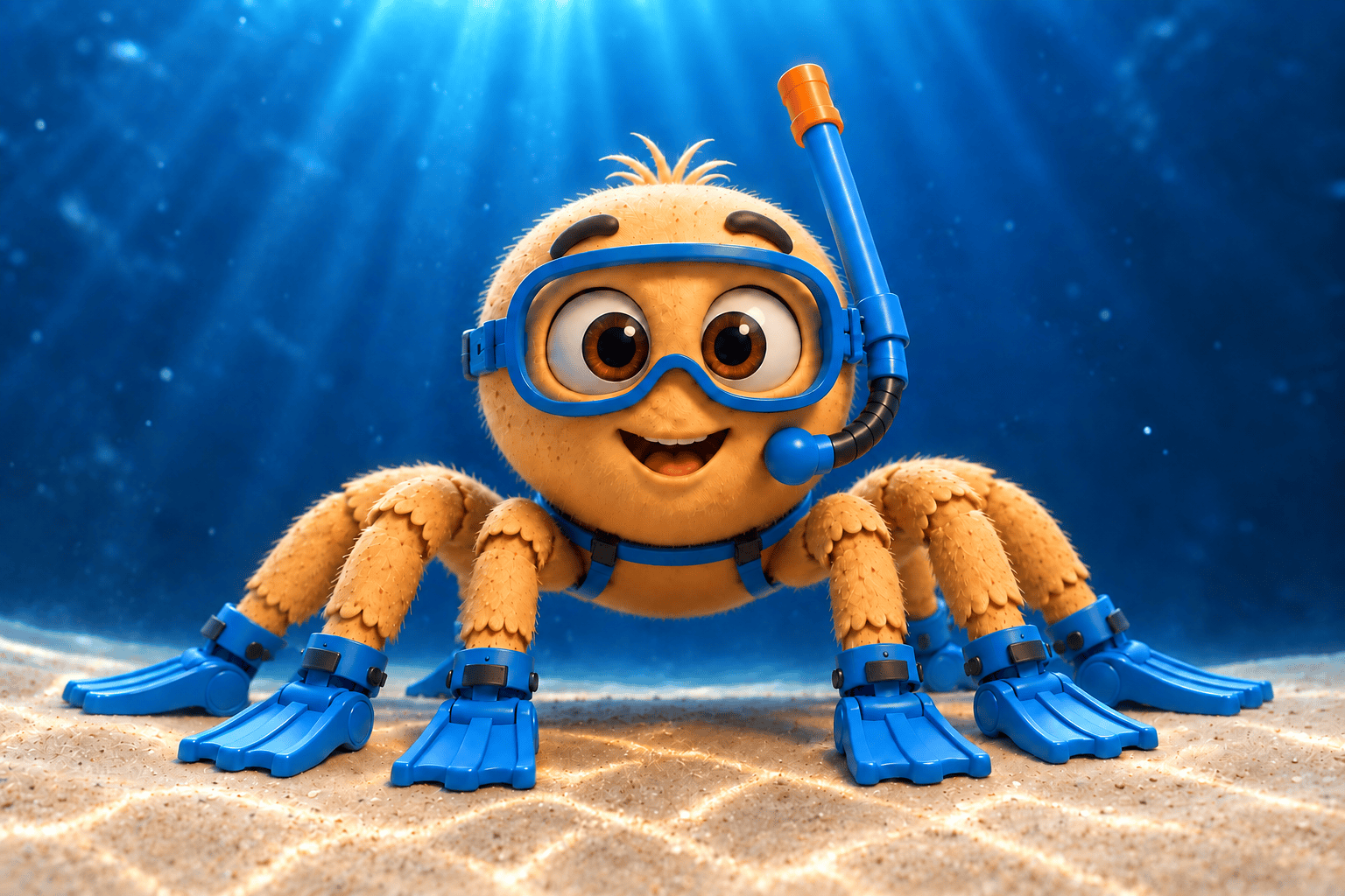 Scuba smiles at the viewer in his blue diving mask and flippers