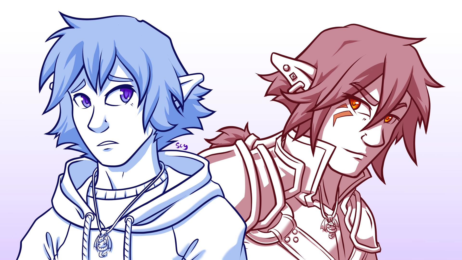 Artwork of Zack and Keago both wearing the same charm