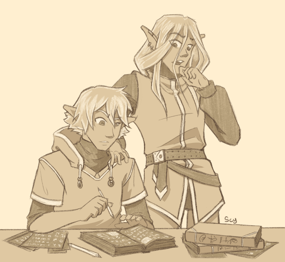 Zack frowns at a book and a stack of papers while Drano stands behind him in lecture mode