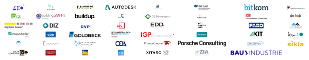 Logos unserer Konsortialpartner: AHO, Airteam, Amberg Loglay, Autodesk, Bauwirtschaft BW, BG BAU, bitkom, blackprintpartners, brz, buildingSMART, buildup, CESA, CG Elementum, Bauindustrie, DB Engineering, de:hub Karlsruhe, digitales bauen, DIZ, DVP, DBV, EDD, en.tech.on, FARO, First Momentum, Fraunhofer ISST, GÜB, Goldbeck, IDSA, IGP Consulting, kamioni, KIT, ksri, Metis AG, Modugen, Network Mining, ODA, PionierGarage, Porsche Consulting, Prävention Bauwesen, sikla, Solar Computer, Stanford University, Steuer Tiefbau, VDI, Xitaso, ZIA