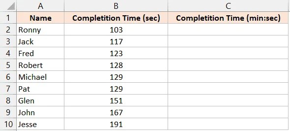 Time dataset with values in seconds Convertir segundos a minutos en Excel (fórmula simple)