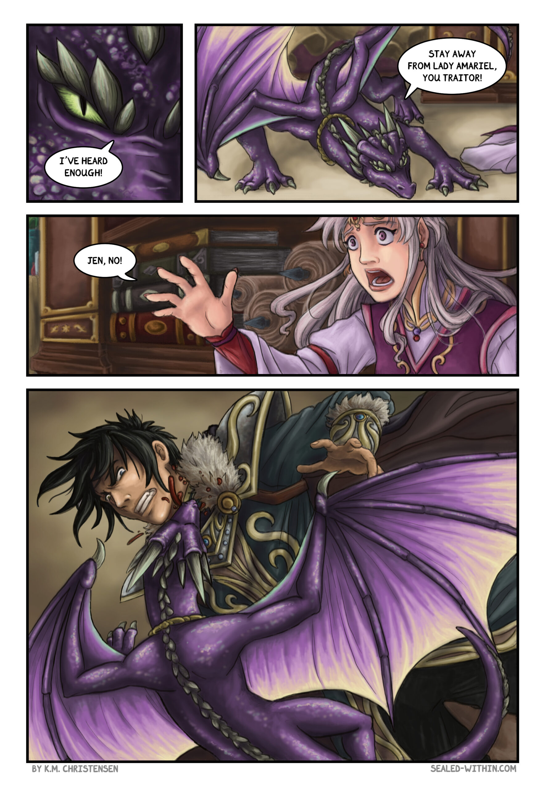 Jen, the small dragon, jumps out from under the table and surprises Alasdir.