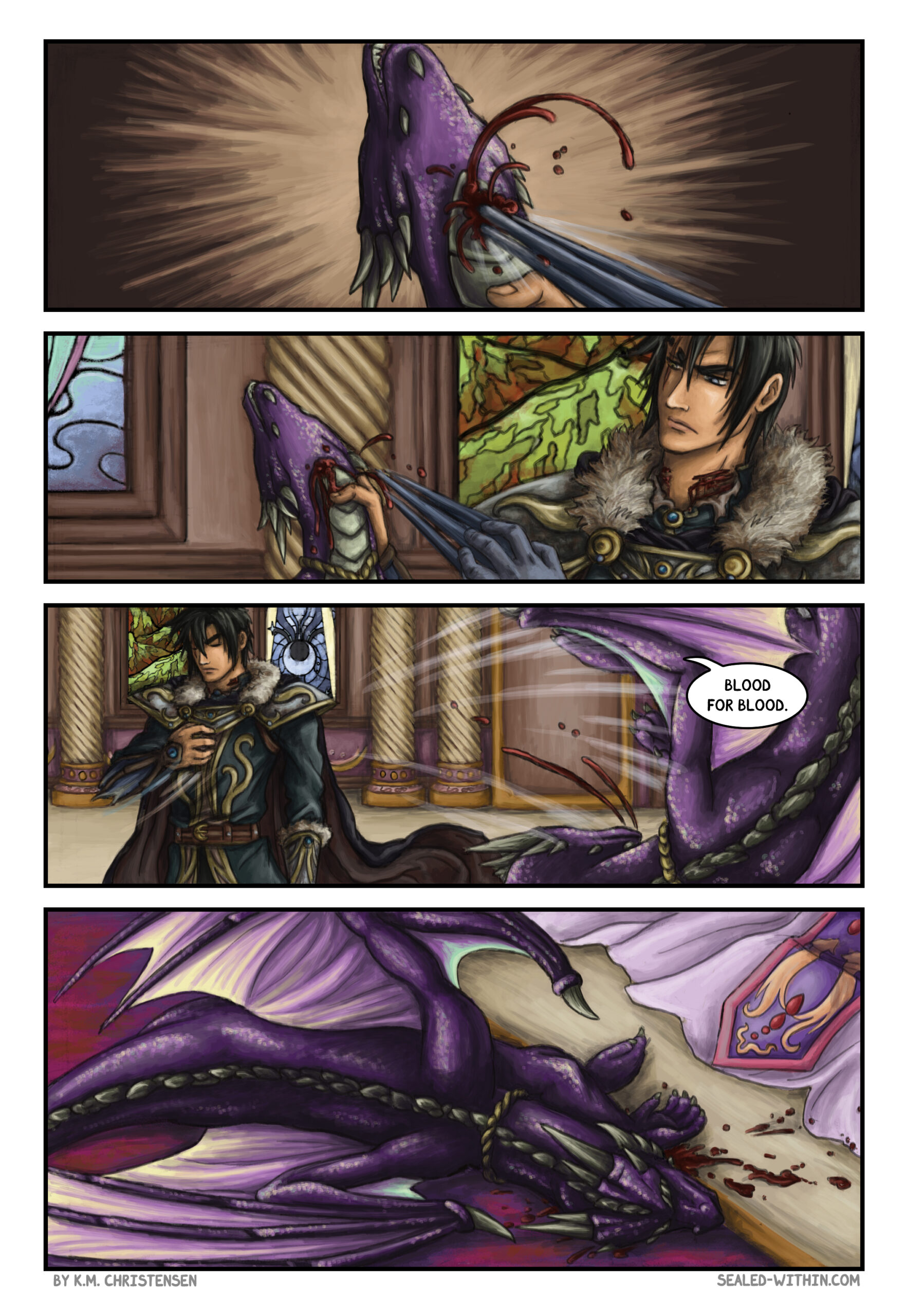 Jen is stabbed in the throat by Alasdir's shadow claws. Alasdir casually tosses Jen to the floor in front of Amariel. Blood splatters the floor and her dress.