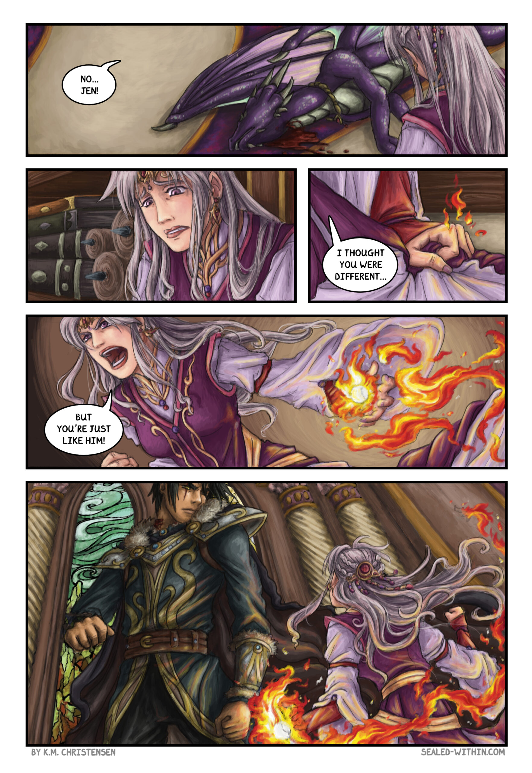 Amariel attacks Alasdir for harming Jen. A fireball bursts from her left hand.