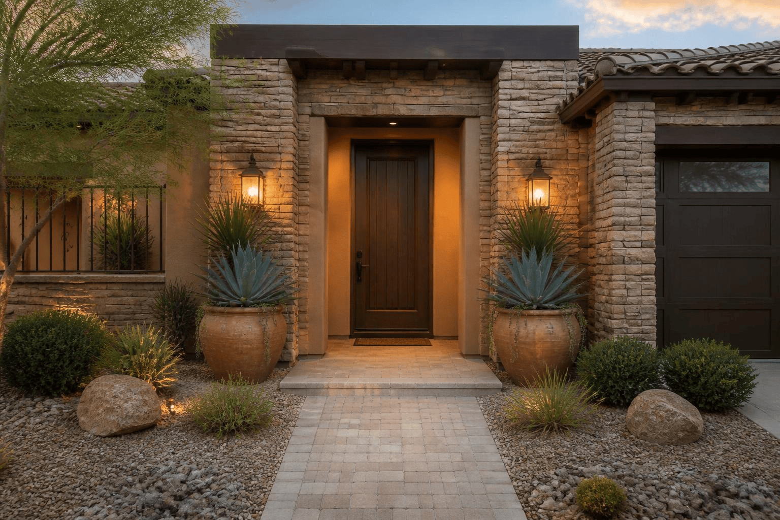 Wooden front door with stone wall, terracotta planters with agave and yucca, and warm wall lanterns, in a desert landscape