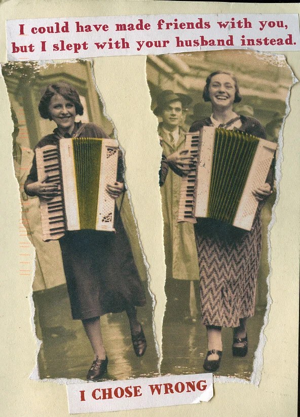A collage featuring two women playing accordions, with a message about betrayal.