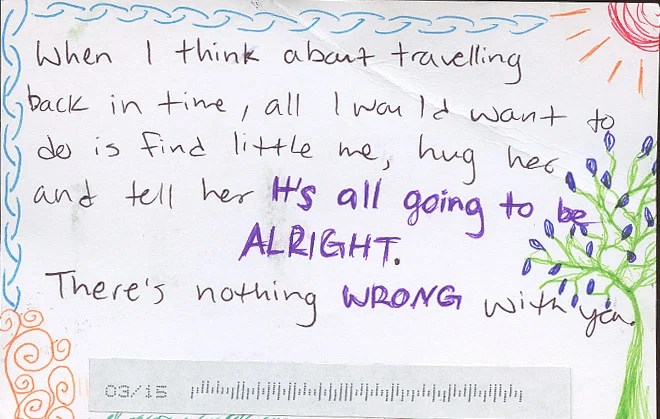 A handwritten note with colorful doodles and a warm message.