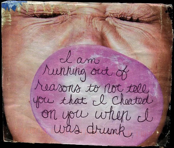 A close-up of a person's face with eyes closed, featuring a bubble with handwritten text.