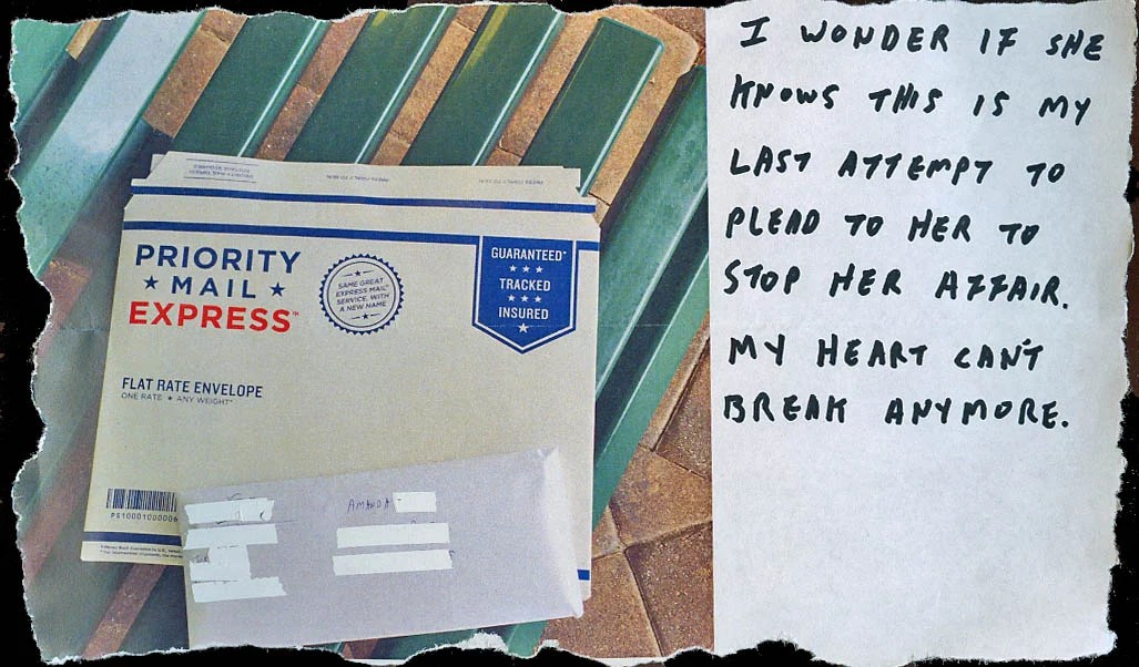 A priority mail envelope placed on a green bench, with handwritten text beside it.