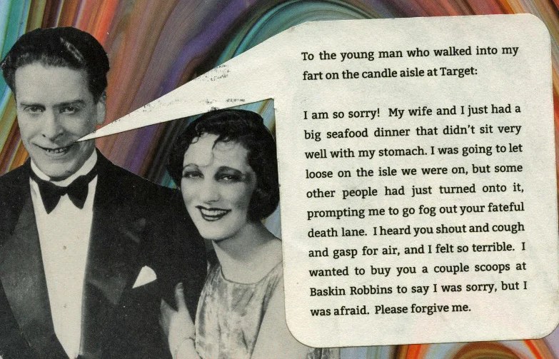A playful collage featuring a couple in vintage attire with a speech bubble.