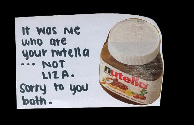 A playful collage featuring a jar of Nutella with handwritten text.