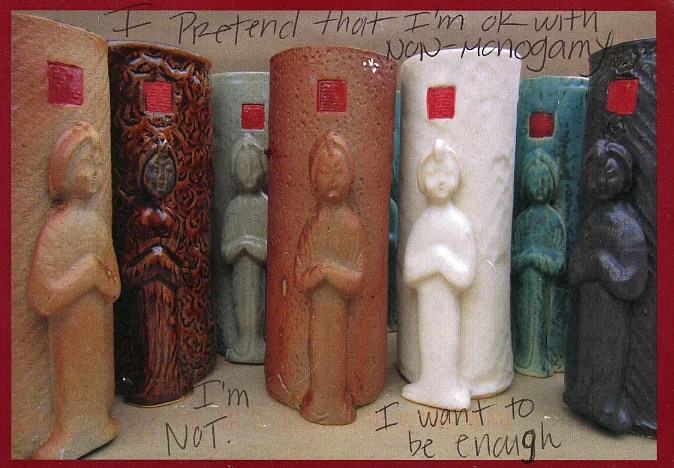A series of ceramic figures with varied textures and colors, conveying a sense of vulnerability.