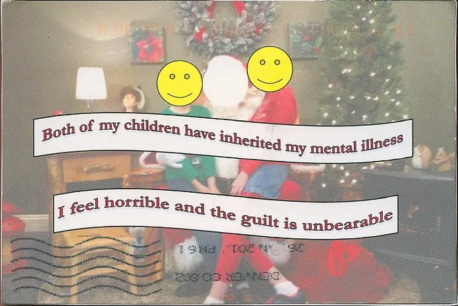 A family scene with holiday decorations and smiling faces, contrasting with the serious message.