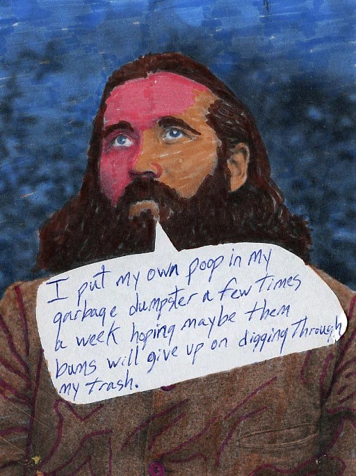 A collage featuring a man with a beard, looking upwards, with a speech bubble containing handwritten text.