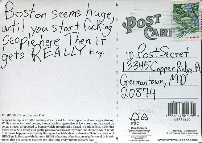 A handwritten message on a postcard with a humorous tone about Boston's size.