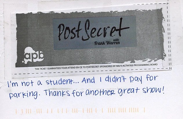 A ticket with a logo and handwritten text expressing a playful confession.