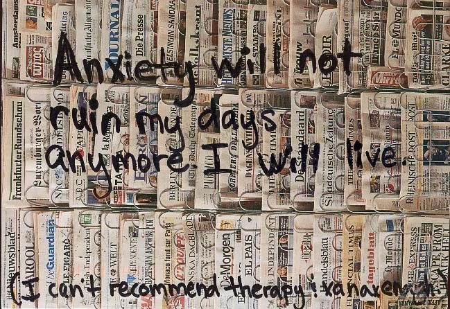A collage of various newspaper headlines with bold handwritten text overlay.