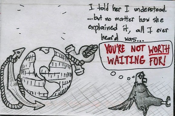 A doodle-style illustration featuring a globe and a person with a thought bubble.
