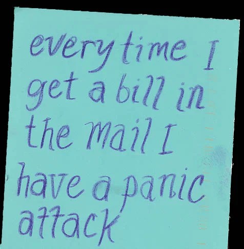 A handwritten note on a light blue background expressing anxiety about bills.