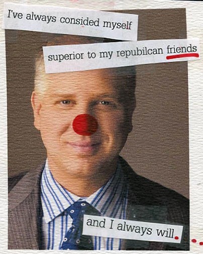 A collage with cut-out text and a photo of a man with a red clown nose.