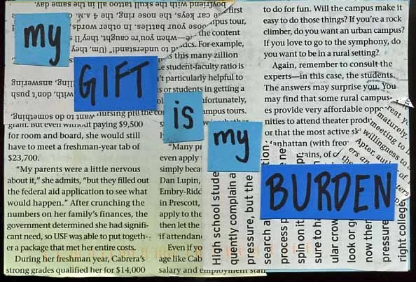 A collage of text cutouts on a newspaper background, emphasizing the words 'my gift is my burden'.