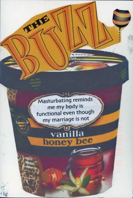 A colorful collage depicting an ice cream container with bold text and a honey theme.