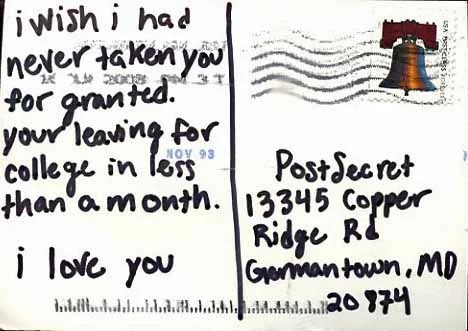 A handwritten note with emotional content, expressing regret and love.