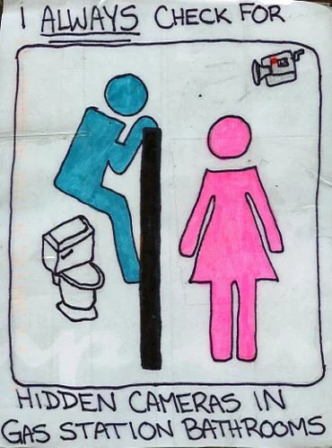 A colorful doodle depicting a person checking for cameras in a gas station bathroom.