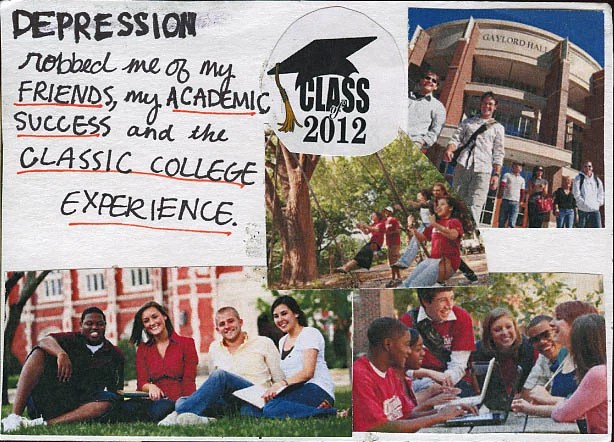 A collage of college life images with handwritten text about depression's impact.