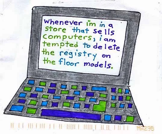 A colorful doodle of a laptop with playful text about deleting registry files.