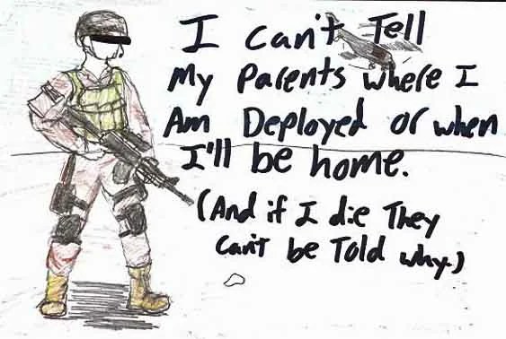 A colored drawing of a soldier holding a rifle, with handwritten text expressing feelings of secrecy.