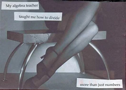 A collage featuring a pair of legs and text cutouts about learning.