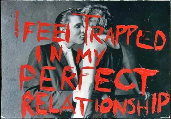 A vintage black and white photo of a couple with bold red text overlay.