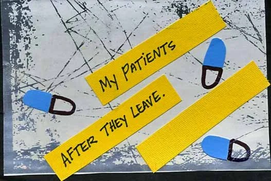 A collage featuring yellow strips with text and blue pill shapes.