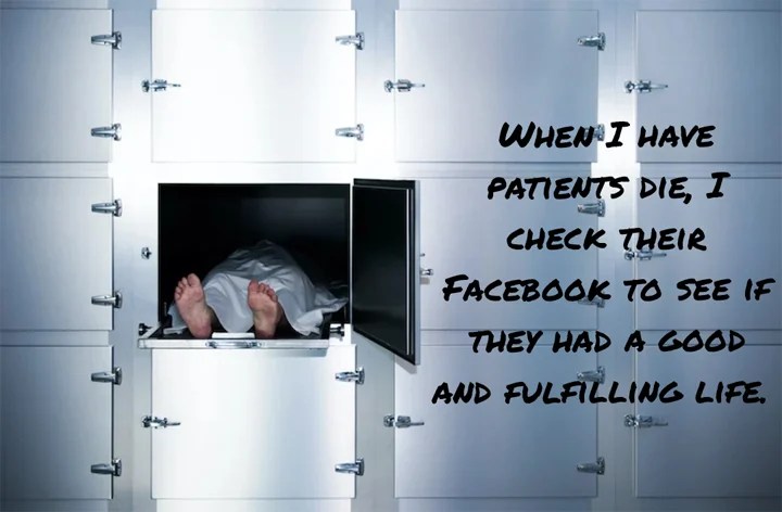 A stark image of a morgue with a body and text overlay.