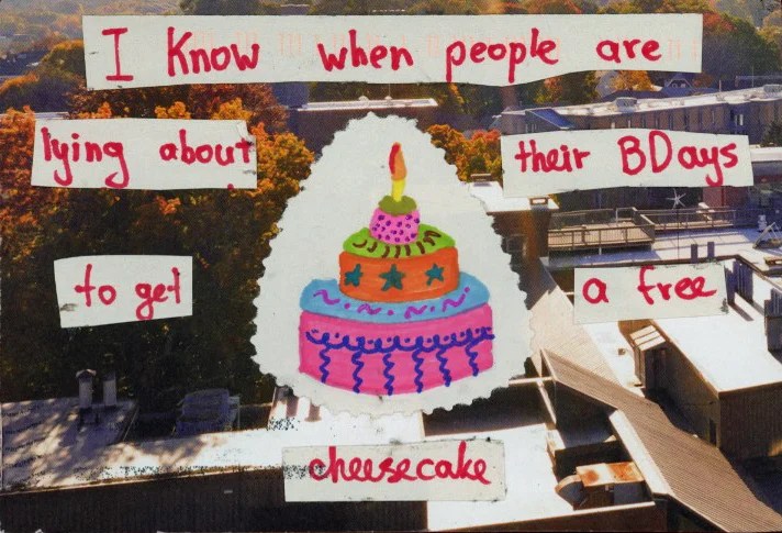 A colorful collage featuring a birthday cake with a candle and playful text.