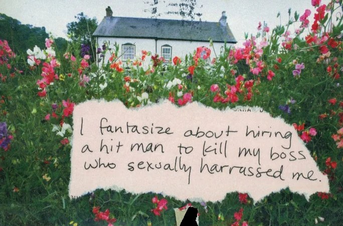 A colorful flower garden in front of a house, with handwritten text overlay.