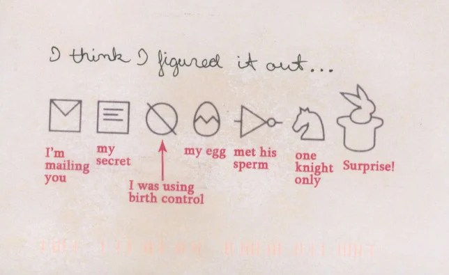 A playful and humorous illustration using symbols to convey a secret about birth control and pregnancy.
