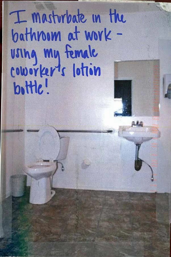 A photo of a bathroom with a toilet and sink, accompanied by handwritten text.