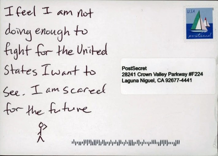 A handwritten note expressing concern about political engagement and the future.