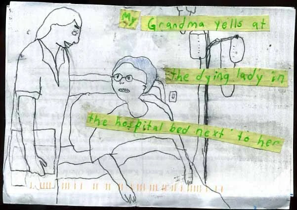 A simple, hand-drawn illustration of a hospital scene with a yelling grandmother and a patient.